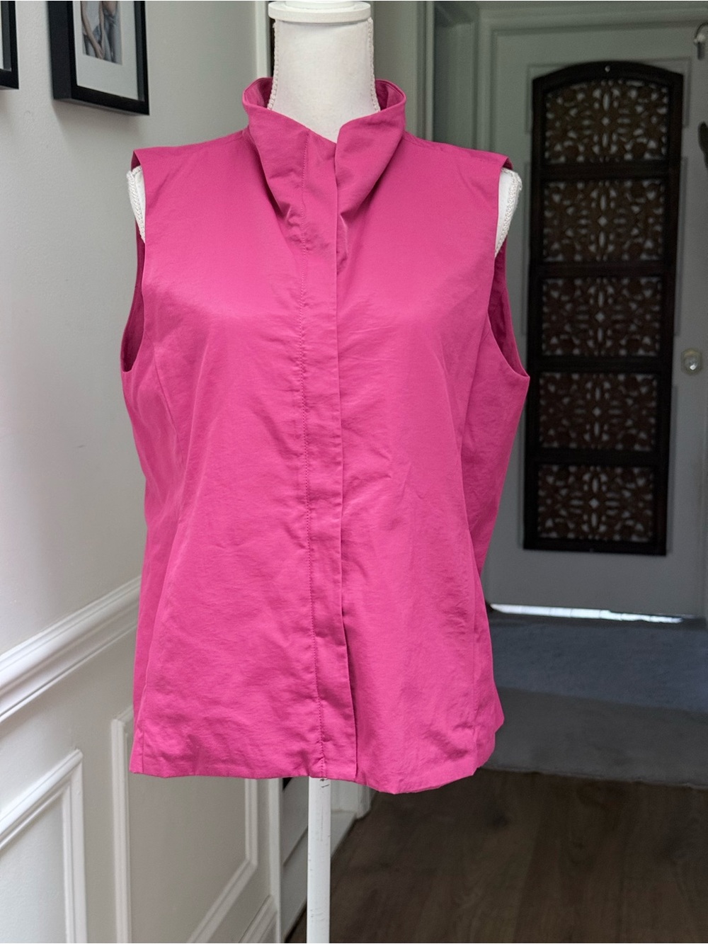 Eileen Fisher Cotton Nylon Vest M Fuchsia Pink High Collar Pockets Minimalist